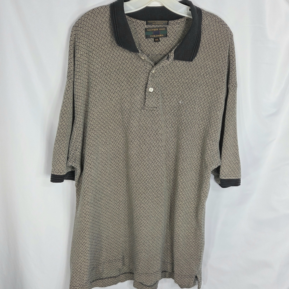 Alexander Julian Colours Tan Black Geometric Print 3 Button Polo Shirt Size XXL